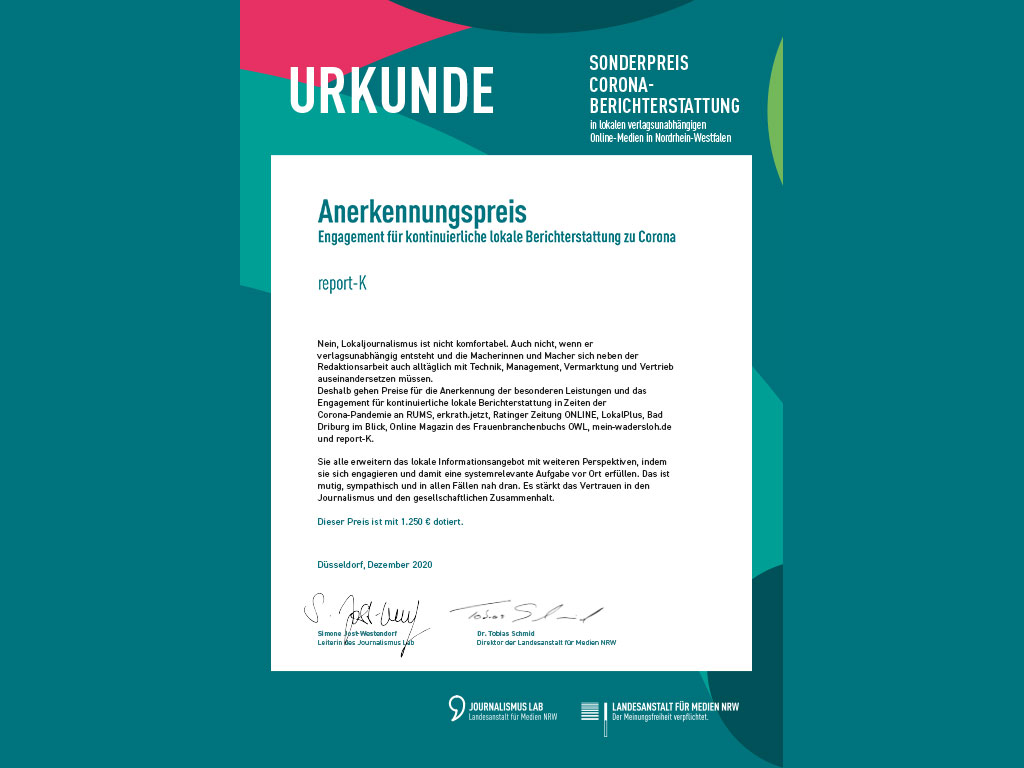 Anerkennungspreis für die Berichterstattung in der Corona-Pandemie.